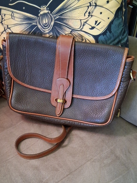 Dooney & Bourke Handbags - Dooney & Bourke Dark Brown Pebbled All WeatherLeather Crossbody with Cognac Trim